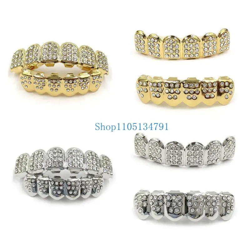 Punk Style Tooth Braces Decorative Braces with Diamonds Teeth Top&Bottom All-match for Rapper Costume Teeth Jewelry Accs