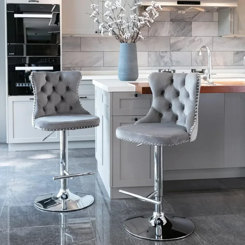 

Swivel Bar Stools Set of 2, Adjustable Counter Height Barstools with Nailheads Trim, Button Tufted Back and Silver Footrest