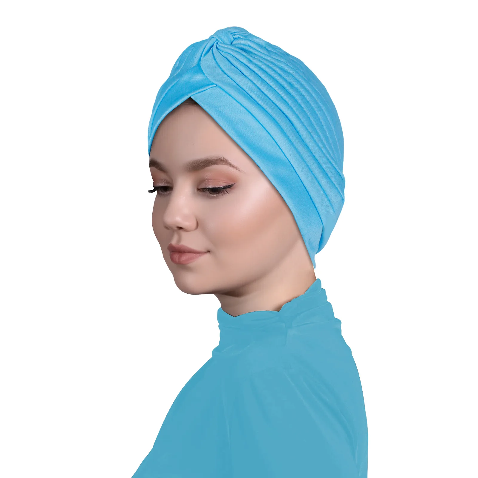 

New Indian Solid Color Elastic Headscarf Arab Chemo Cap Women Muslim Inner Hijab Hat Pleated Headwear Hair Loss Bonnet Beanies