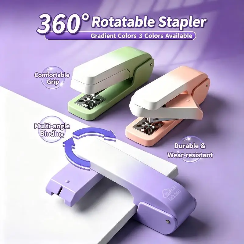 360 Degree Rotatable Stapler With Gradient Color Comfortable Grip Perfect For School Office Students Daily Document Binding