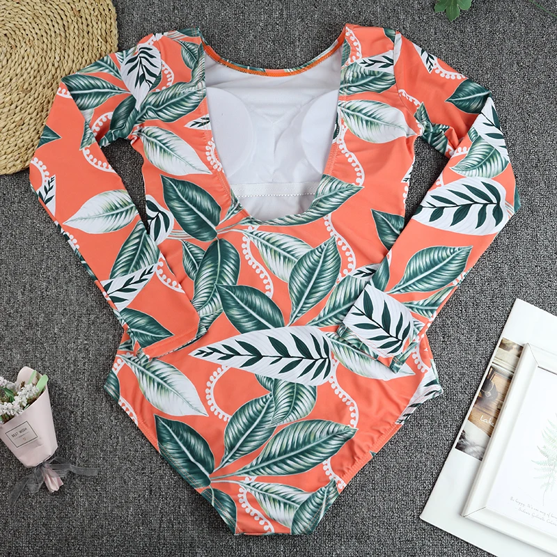 One Piece Swimwear Women\'s Swimsuit 2024 Sexy Floral Print Long Sleeves Rash Guard Surfing Monokini Bathing Suits Beach Wear