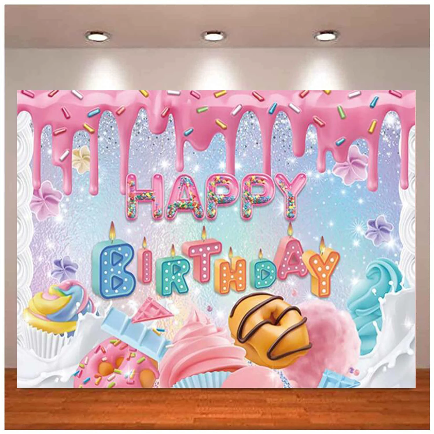 

Sweet Candy Happy Birthday Party Backdrop Donuts Cupcake Lollipop Candyland Background For Baby Girl Kids Cake Table Decor