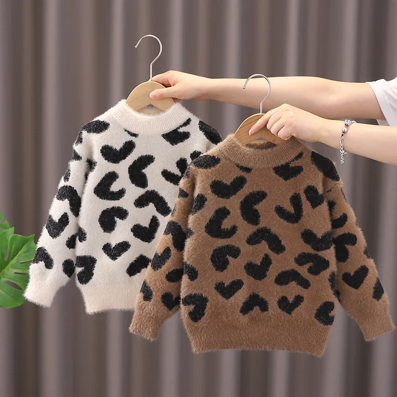 Furry Children Sweater New Leopard Print Knitted Clothing for Kids Girls Cozy Thickened Striped Little Boy Tops Pullover IY07151