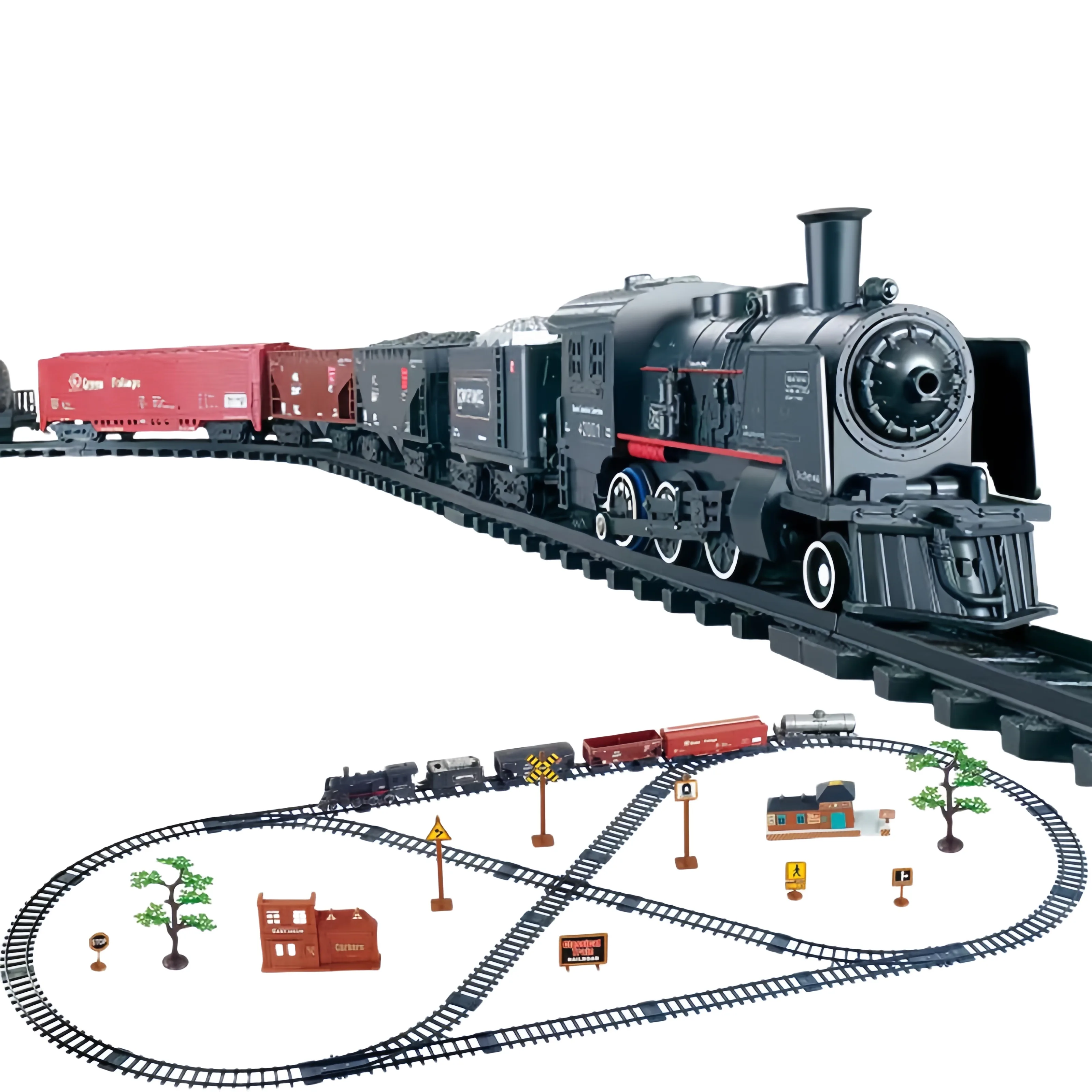 High end requintado grande trem conjunto de pista brinquedo retro clássico carro motor a vapor e trem longo conjunto com luz e som novo ye