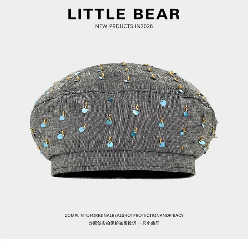 Niche Graue Pailletten-Design Achteckige Baskenmütze für Damen, Vielseitige Sommer- und Herbstmütze im Literarischen Stil, Newsboy-Malermütze für Damen – Detail 3