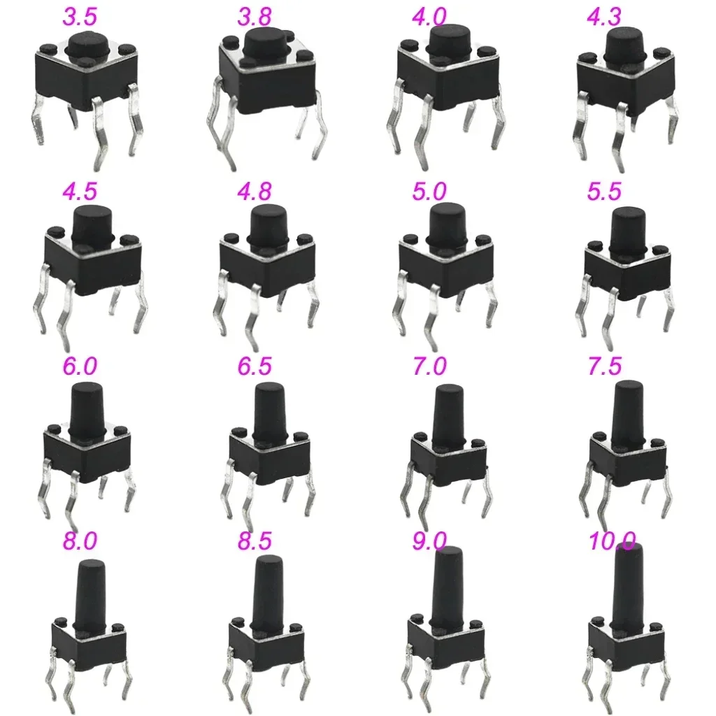 

50 шт. миниатюрных тактильных кнопок 4,5x4,5 мм, 4-контактные DIP, высота 3,5/3,8/4,0/4,3~12 мм, 12В, 260ГФ, мгновенного действия, для ремонта