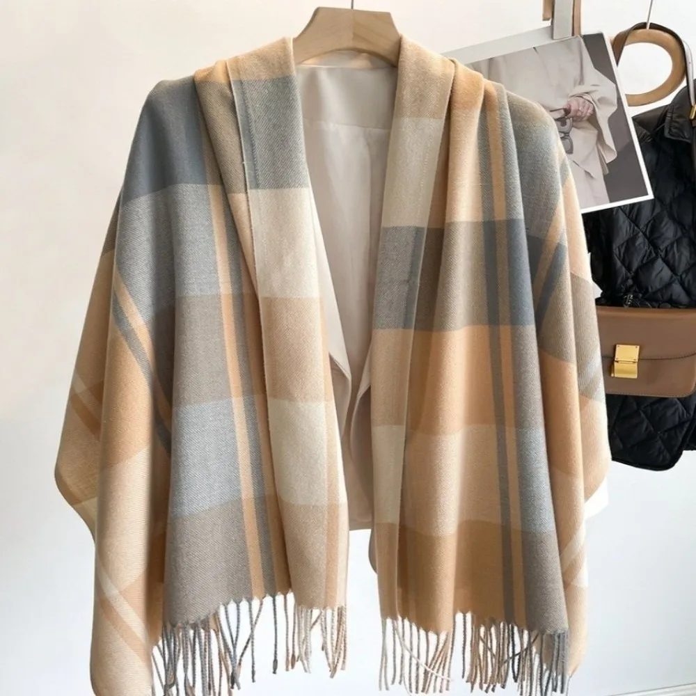 

Casual Windproof Plaid Scarf Keep Warm Thick Imitation Cashmere Shawl Tassel Korean Style Shawl Wrap Girl