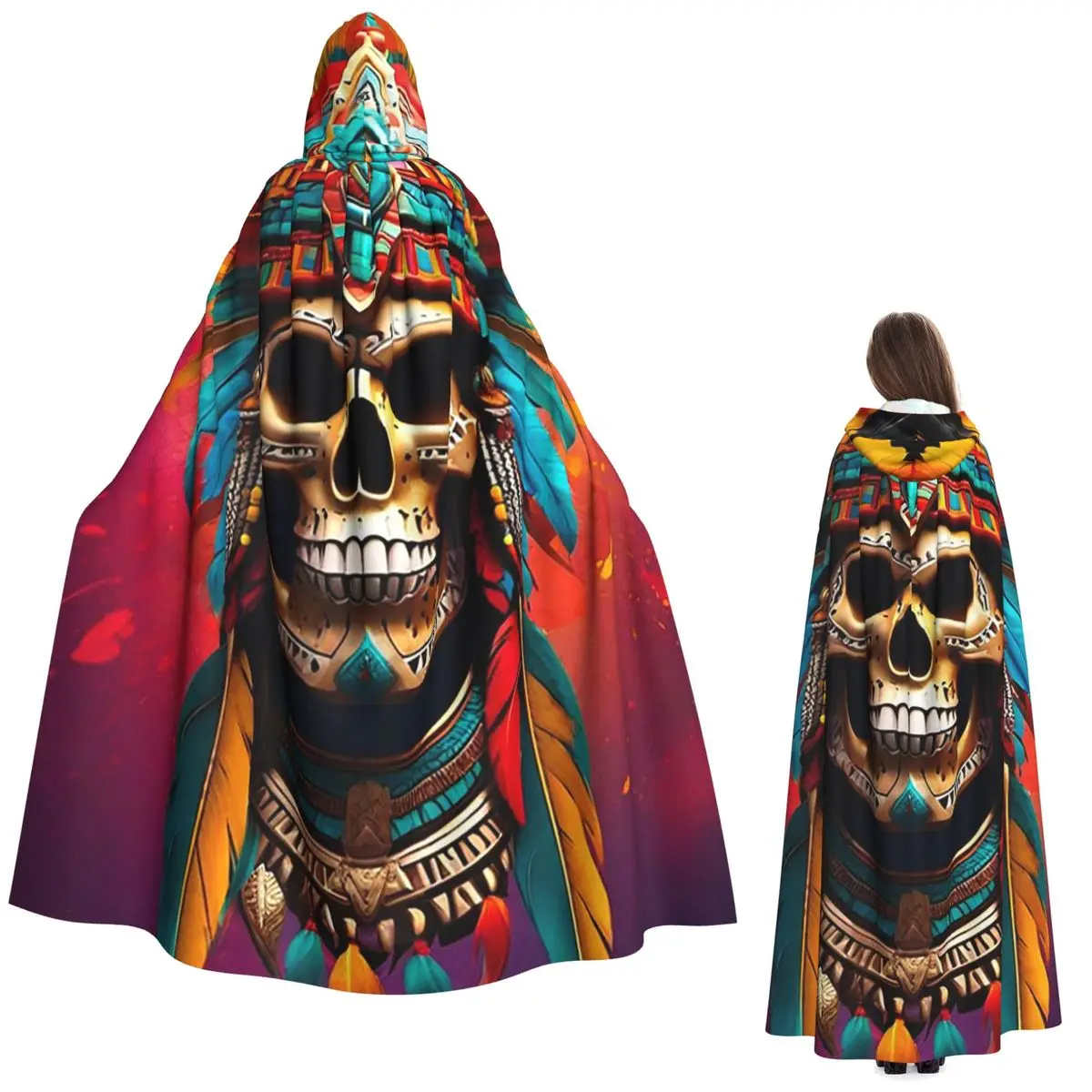Capa larga con capucha de calavera azteca 7, disfraz Medieval de bruja, capa de Cosplay, abrigo de Halloween para adultos, Unisex