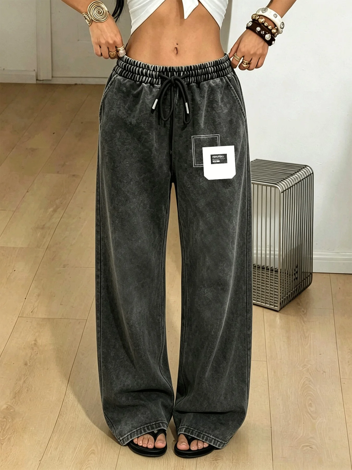 Vintage Washed Distressed Trousers for Women, Stylish, Comfortable, Breathable and Versatile Printed Pocket Trousers