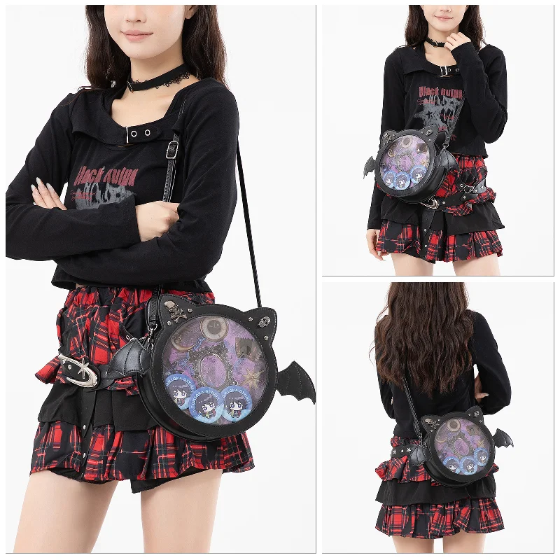 

Round Black Cat Ear Ita Bag, Bat Wing PU Leather Crossbody, Clear Window Gothic Shoulder Handbag for Pins