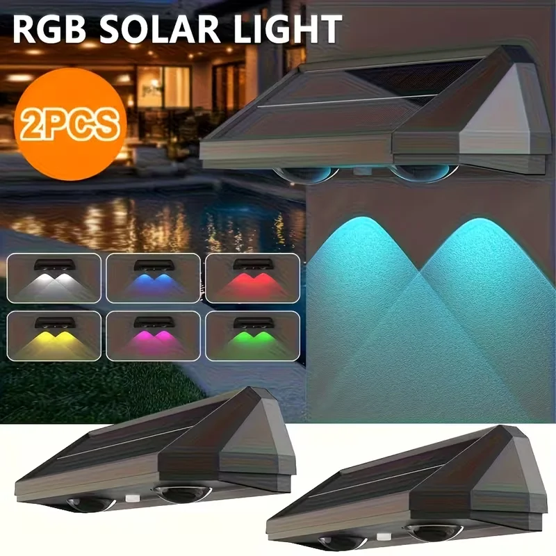 

2 шт. RGB-светильников на солнечных батареях для забора, с длительным сроком службы батареи, уличные водонепроницаемые RGB-светильники для стен, работающие от солнечной энергии, для сада, двора, заднего двора