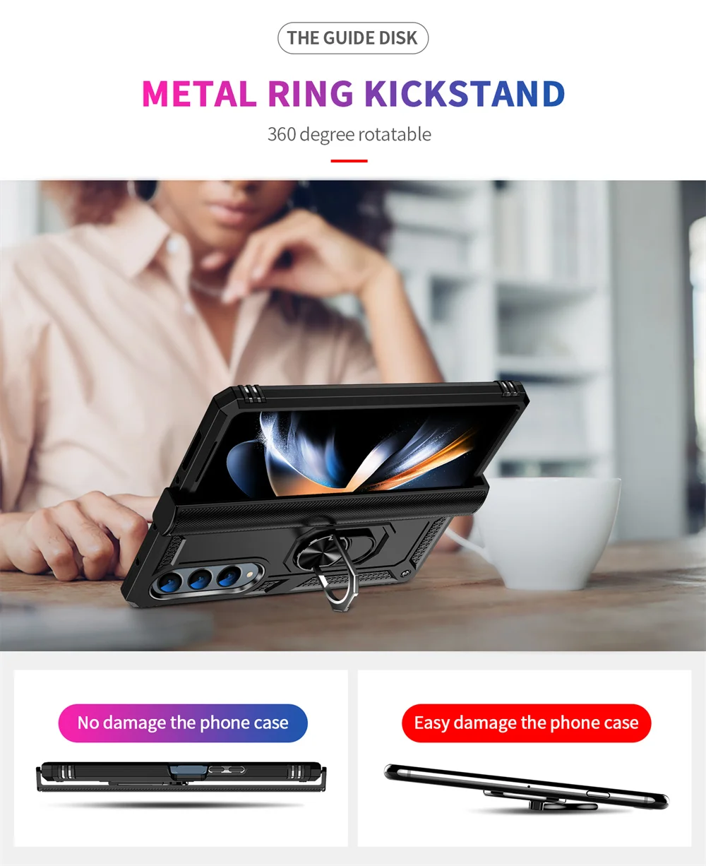 Military Grade Protection Metal Ring Grip Case for Galaxy Z Fold 4 Shockproof Heavy Duty Defender Rugged Folding Phone Case