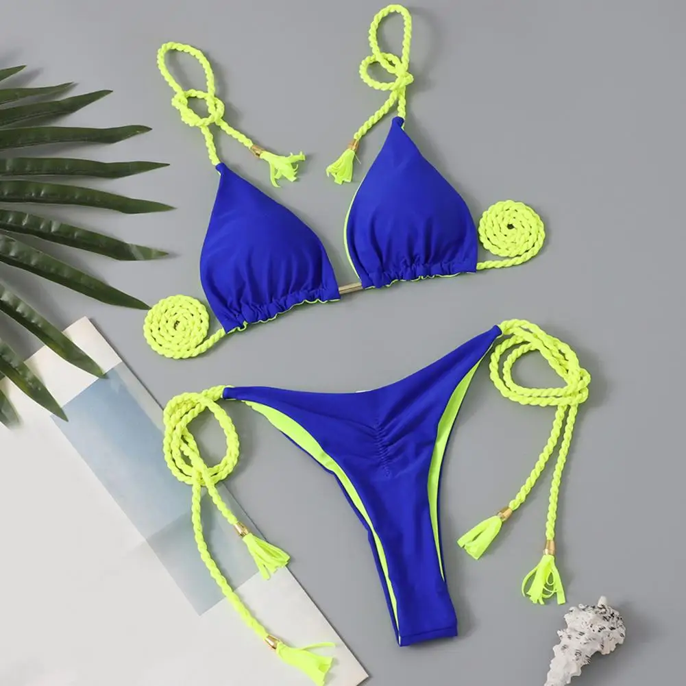 2 Pcs/Set Women Bikini Set Off Shoulder Lace-up Tassel Halter Neck Padded Wireless Lady Beachwear Bathing Suit Swimsuit