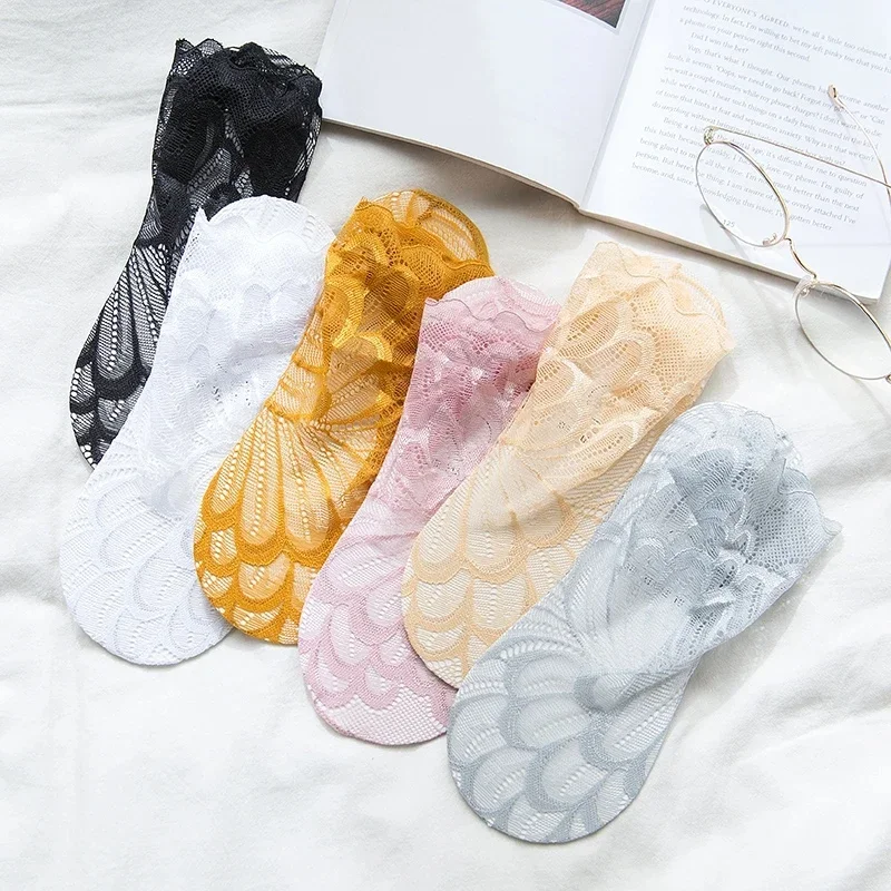 5Pairs Summer Pure Cotton Women Socks Flower Lace Invisible Socks Thin Ladies Lace Boat Socks Hollow Non-slip Shallow Socks