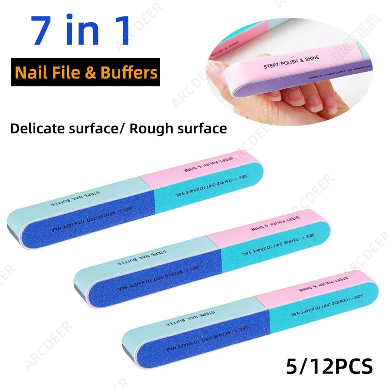 5/12pcs Polishing Stick Sanding Strip Seven-sided Nail Buffer File Set Sanding Tool Professional Nail Colorful Buffing Block