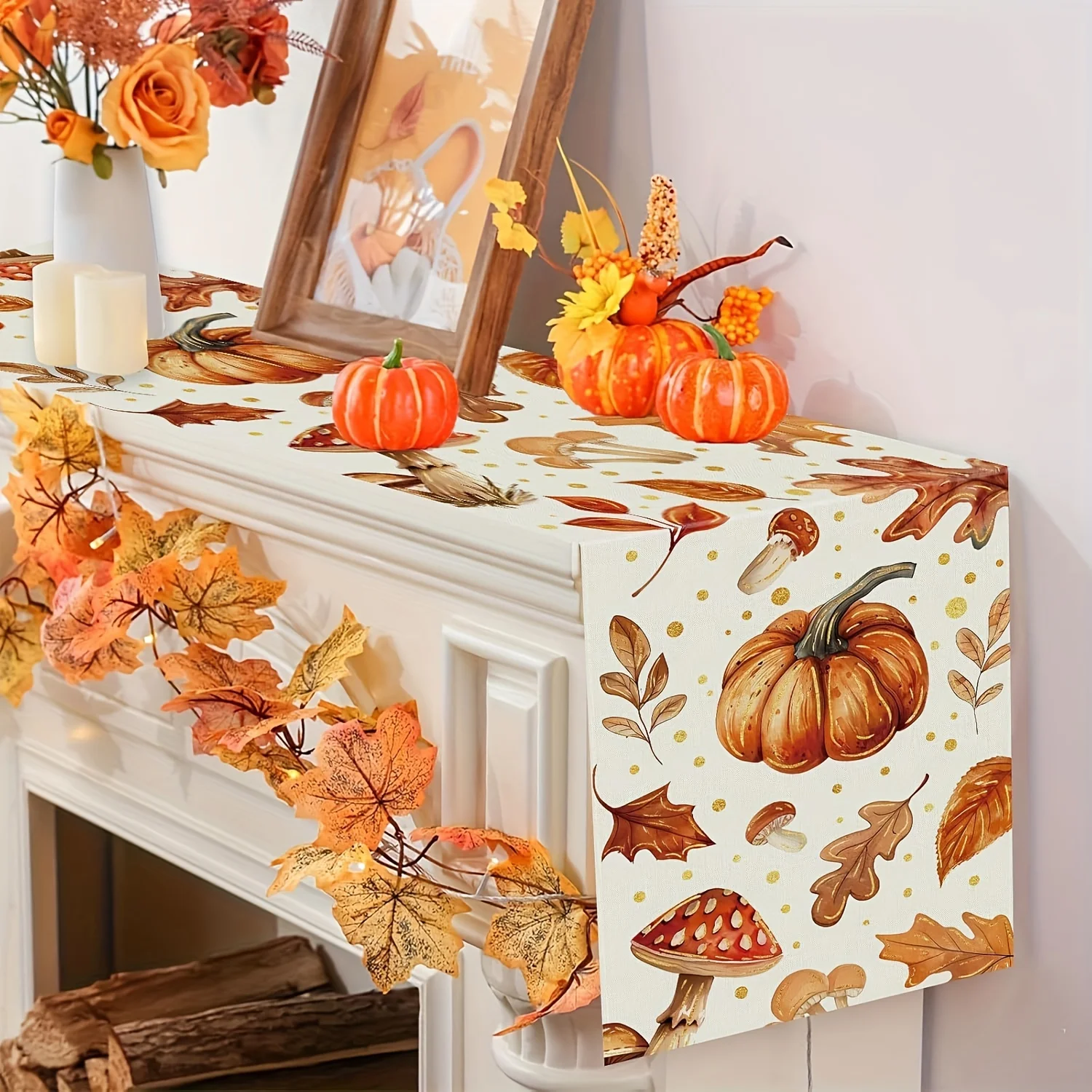 

1pc Autumn Pumpkin Mushroom & Leaf Table Runner, Festive Harvest Festival Dining Decor Small Gift for Thanksgiving & Cozy Meals