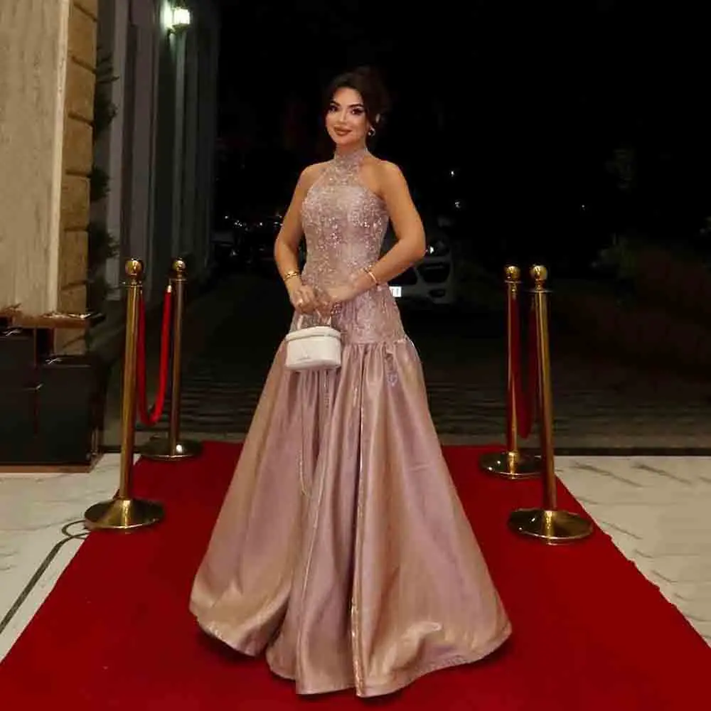 

Msikoods Sequin Mermaid Evening Dress Luxury Halter Formal Gown Satin Party Dress Prom Dress Women Wedding Guest Gown Customized