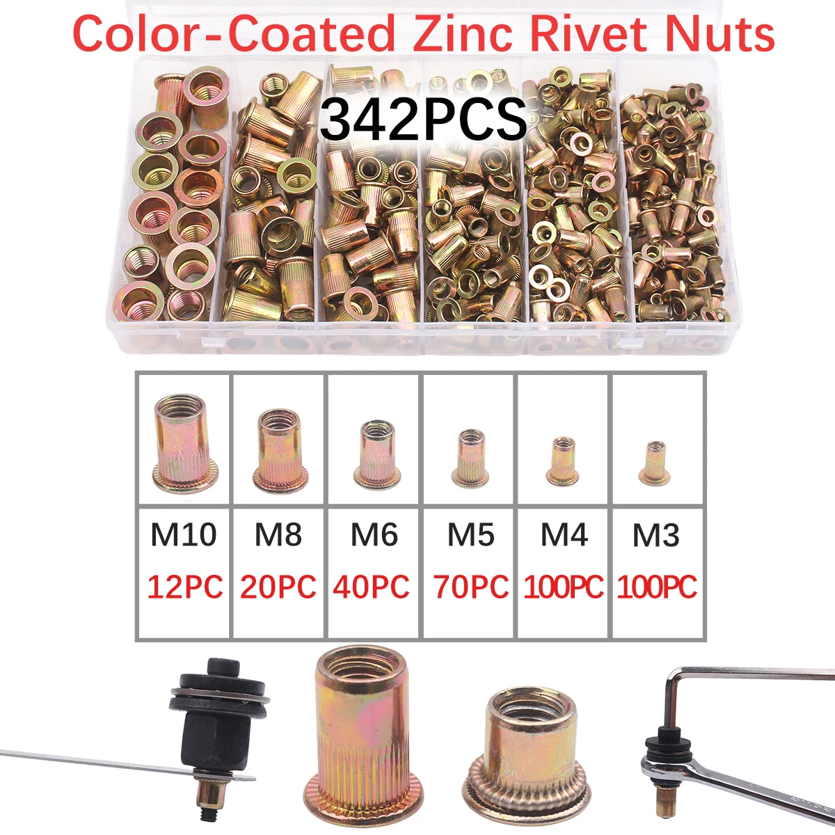 Heavy-Duty Rivet Nut Set, Upgraded Version, 342-Piece Metric Rivet Nut Combination (M10/M8/M6/M5/M4/M3), Suitable for Furniture, Decoration, Automotive, Marine, and Industrial Applications