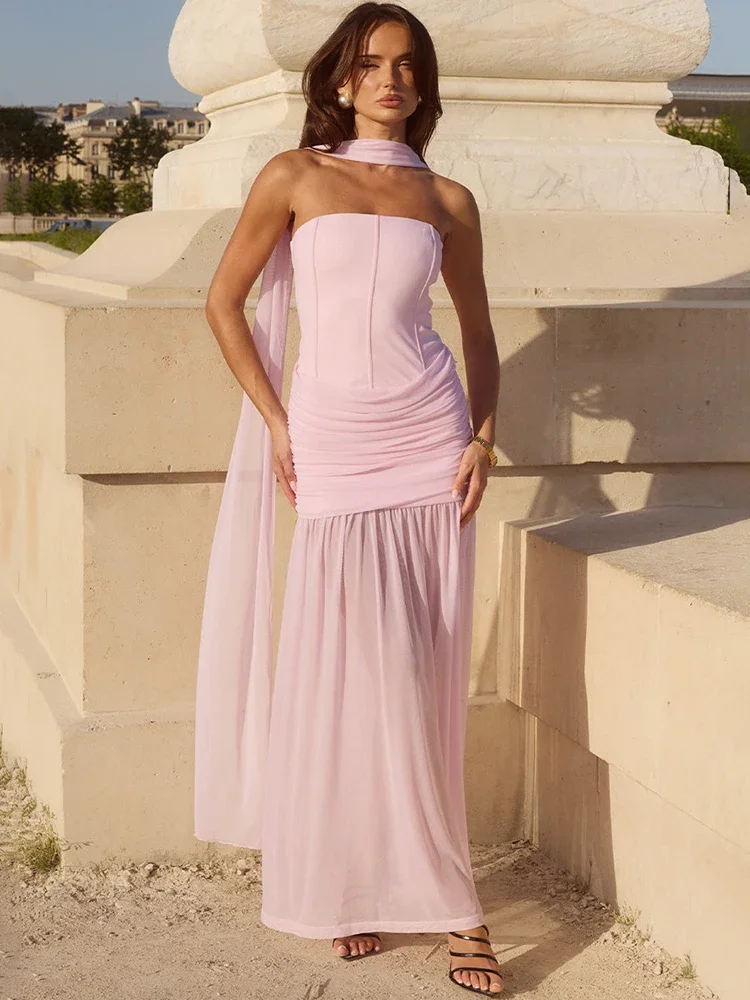 

Fmxires New Halter Off-shoulder Sexy Maxi Dress Women Gown Pink Strapless Sleeveless Backless Pleated Club Party Long Dresses