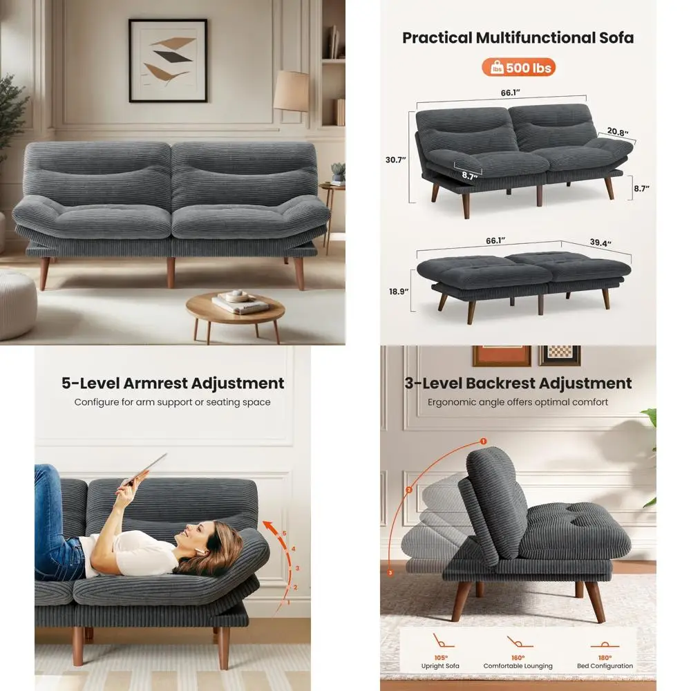 

Convertible Futon Sofa Bed with Adjustable Backrest and Armrests, Corduroy Couch, Recliner Sleeper, 3-in-1 Furniture for Home