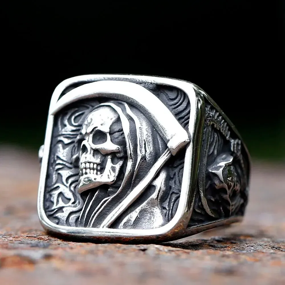 2023 Vintage Mens 316L Stainless Steel Rings for Men Death Sickle Domineering Skull Ring Men's Hip-hop Punk Party Jewelry Gift