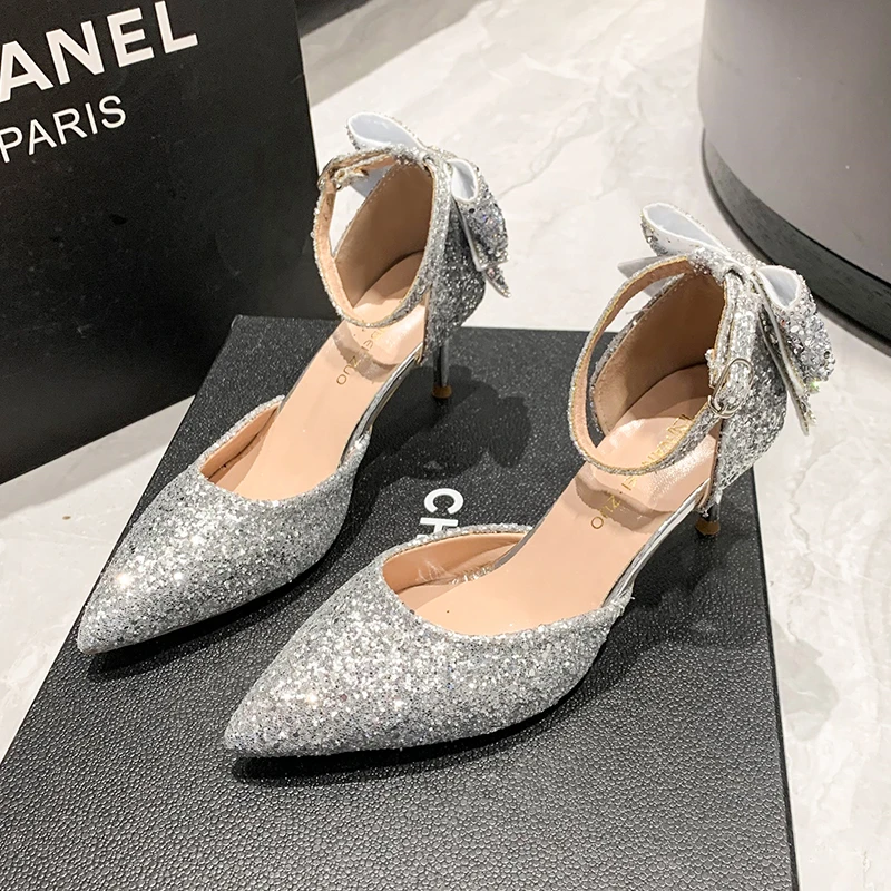 Scarpe per donna argento calzature estive da donna scarpe da sposa da sposa strass punta a punta tacco Super alto diamante