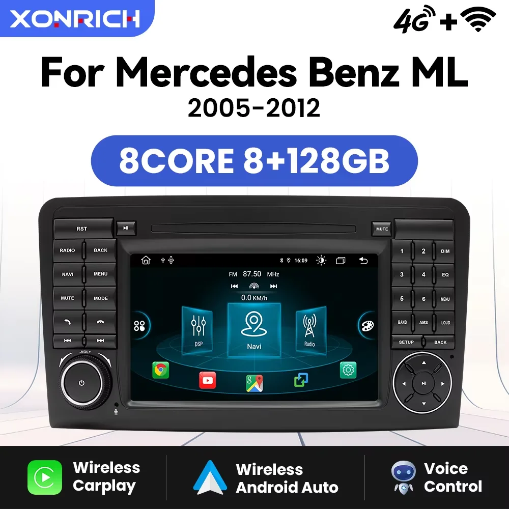 XONRacaccomplit-Autoradio sans fil Android, CarPlay, Navigation automatique, Pas de DVD 2 Din, Mercedes Benz Classe M, W164, Classe GL, X164, ML, GL