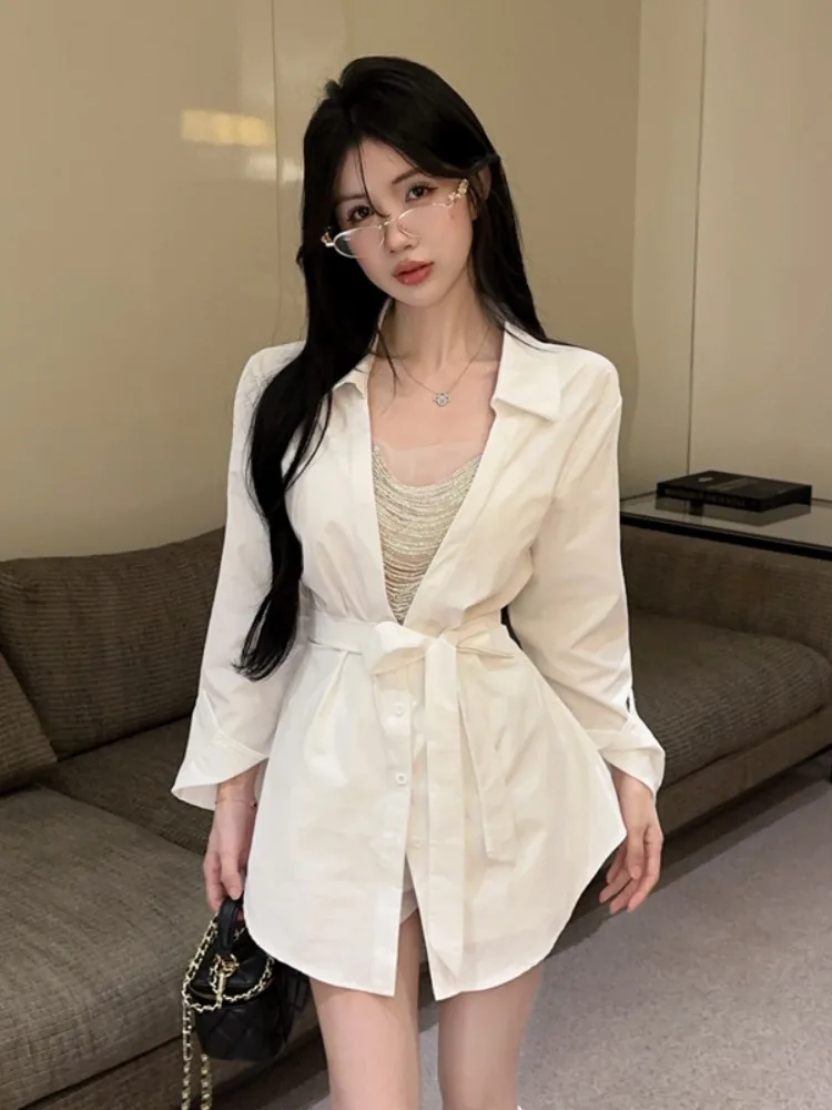 

Korean Collar Design Sense Bow Waist irt Women Long Sve Loose Commute Top orts Two Piece Set Ele Casual Spring