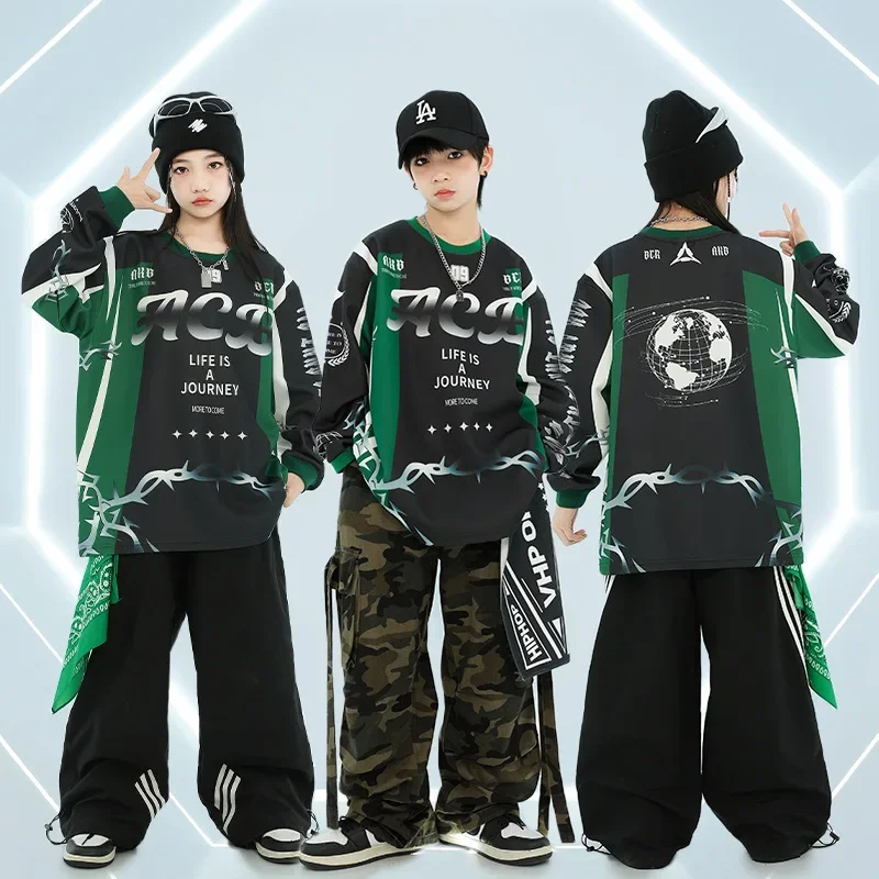 Hip Hop Ragazzi Felpa nera Pantaloni mimetici Ragazze Cappotto da ballo di strada Pantaloni in denim Set di vestiti Bambini Streetwear Costume jazz per bambini