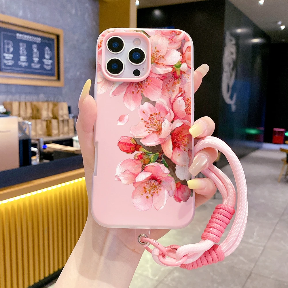 2 in1 Lanyard Jelly Phone Case Pink Blossom Print For Xiaomi Redmi 15C 12 13 14 Pro 5G 10 11 12 13 14 4G 14 Pro 5G Global Cover