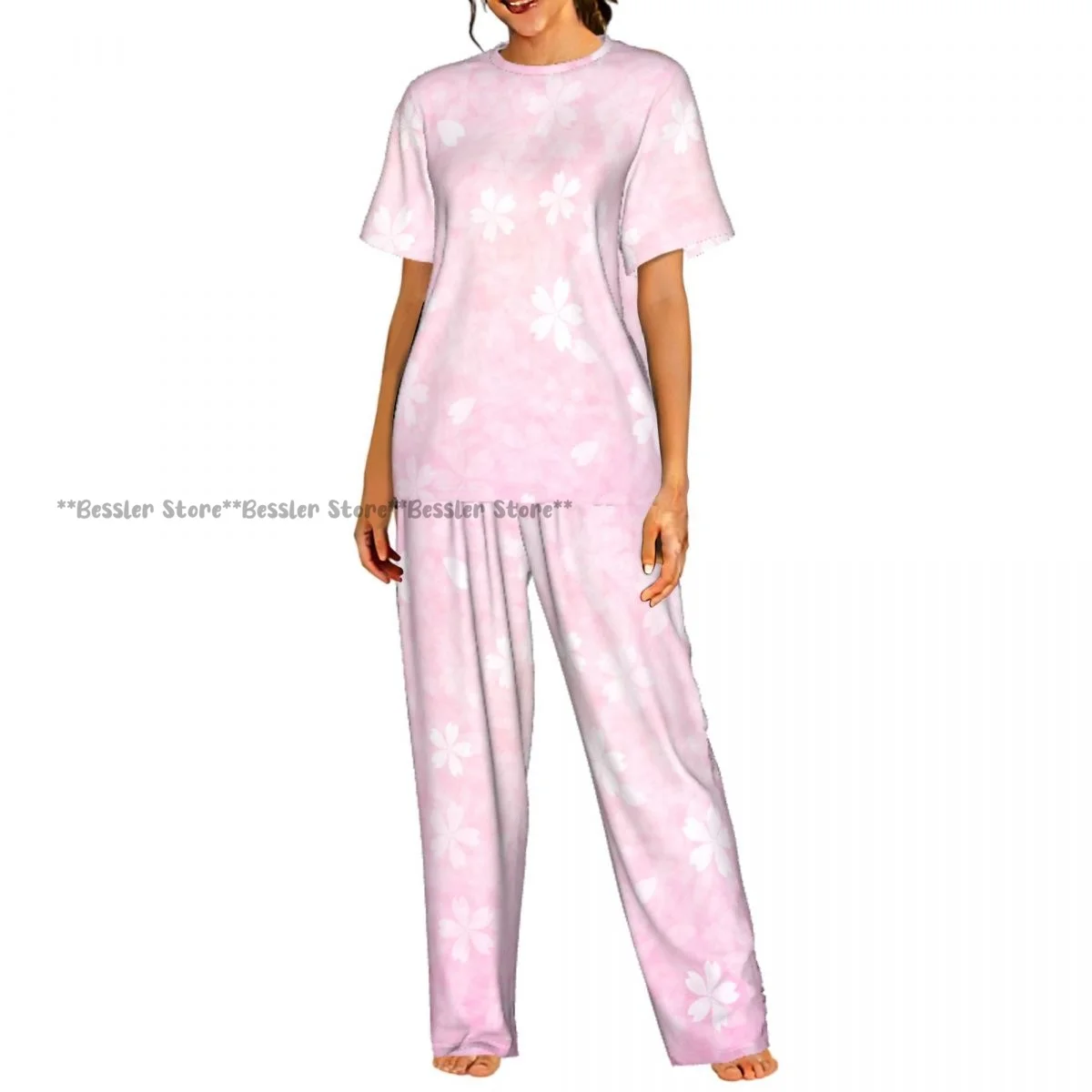 Women's Pink Japanese Cherry short sleeve trousers casual pajamas set