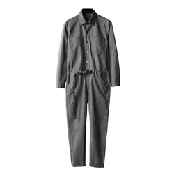 Men Gray Jumpsuits Long Sleeve Adjustable Waist Overalls Pockets Coveralls