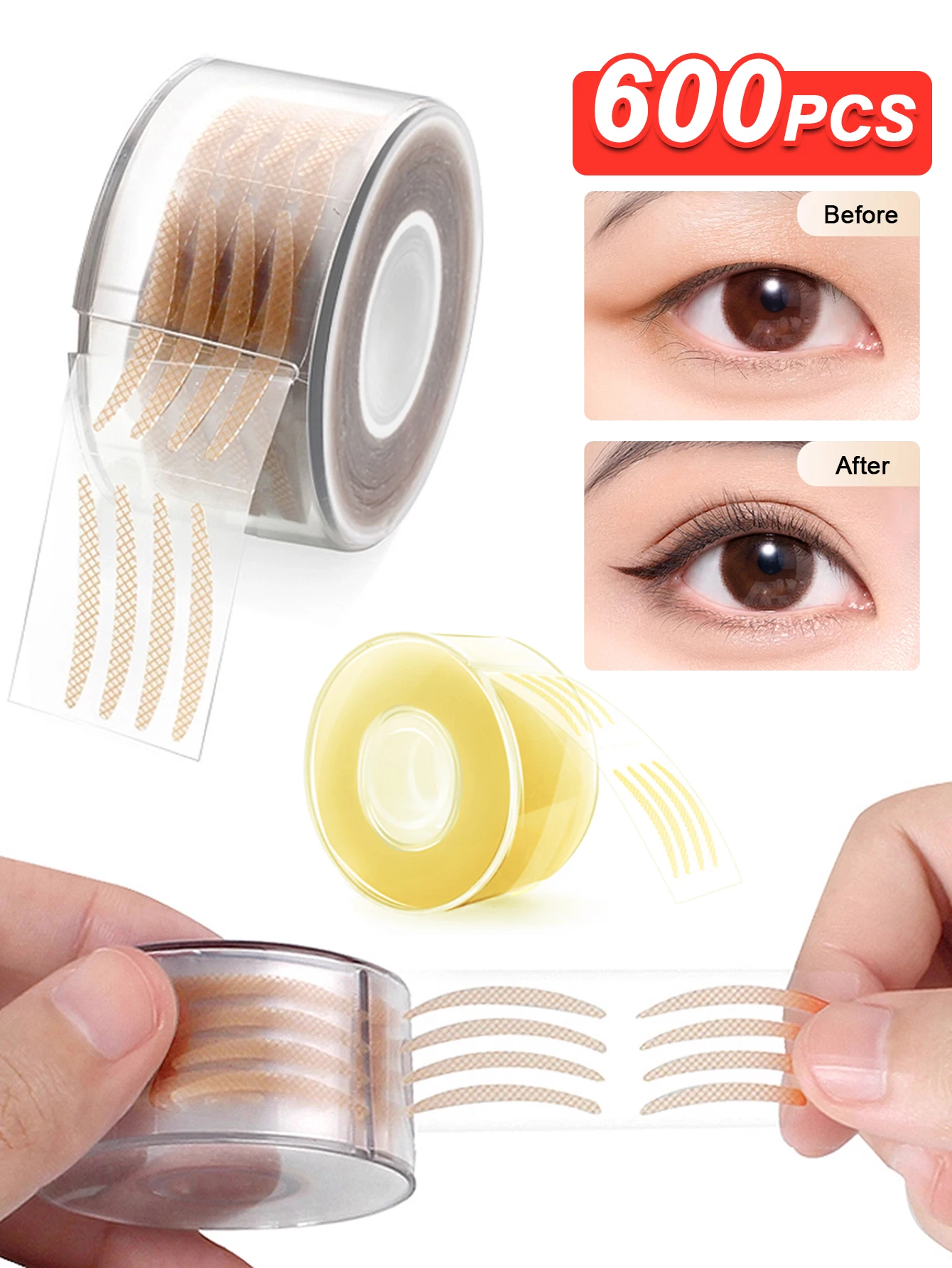 600-teiliges doppeltes Augenlidband, unsichtbar, dünn, schmale Faserstreifen, Rolle, professioneller Make-up-Künstler, unverzichtbar mit kostenlosem Werkzeug für Anfänger