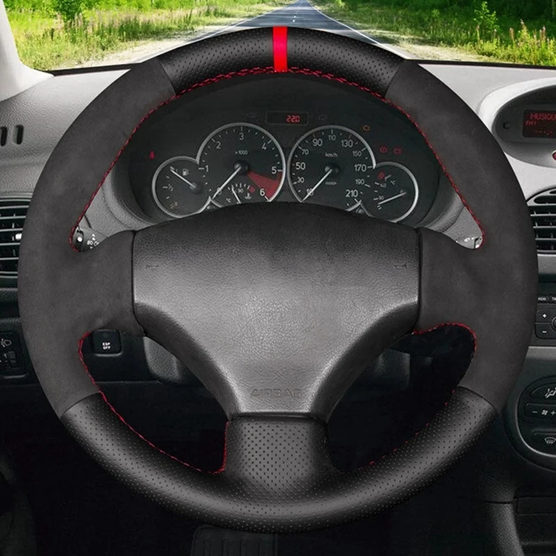 Car Steering Wheel Braid Cover Hand-Stitched Anti-Slip Suede Leather For Peugeot 206 1998-2005 206 SW 2003-2005 206 CC 2004 2005