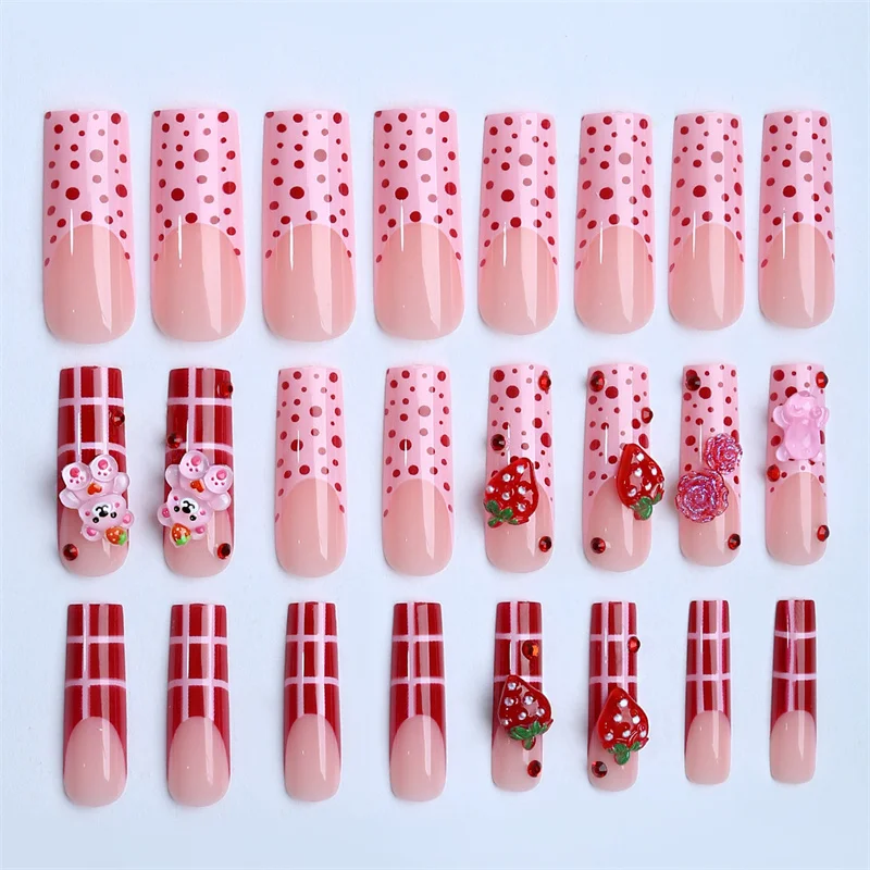 Handmade French False Press On Nails Full Cover strawberry Manicuree Decoration Wearable Cute bear Artificial Nails