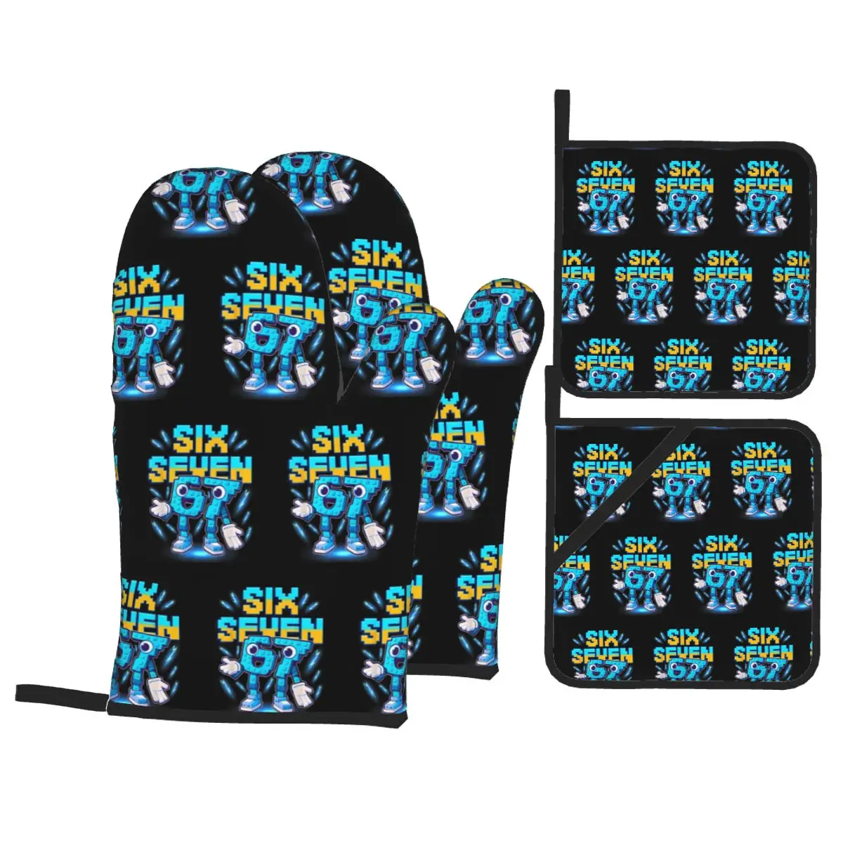 Number 67 Building Blocks Print Oven Mitts and Pot Holder Sets of 4 for Baking Kitchen Cooking BBQ Resistant Non-Slip Gloves