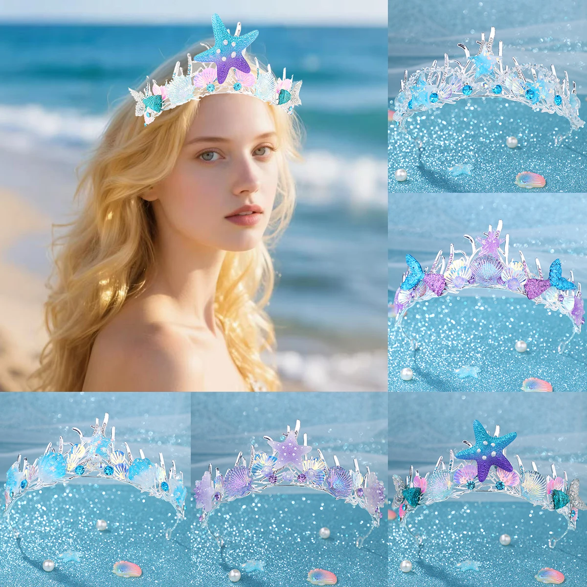 Fashion Handmade Crystal Rhinestone Tiara And Crowns For Women Bride Starfish Mermaid Tail Hair Accessories Princess Diadems