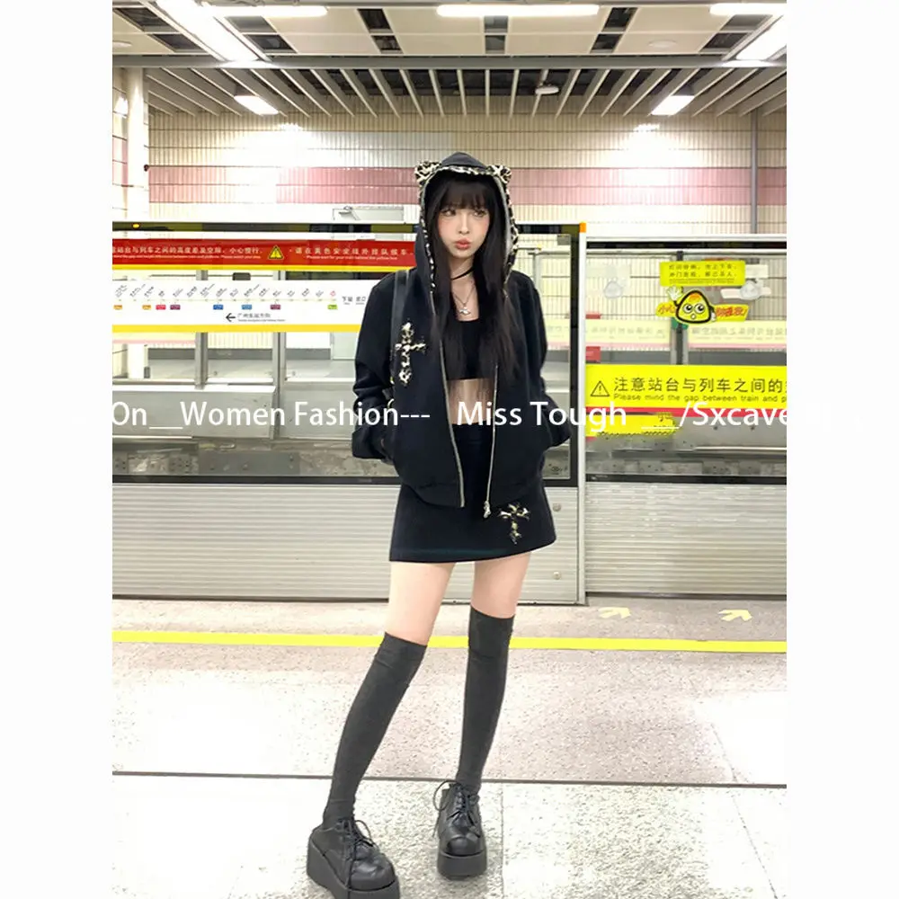 2000s American Vintage 2 Piece Skirt Sets Women Casual Y2k Leopard Jacket Coats with Hooded + Mini Skirts Black Gothic Harajuku