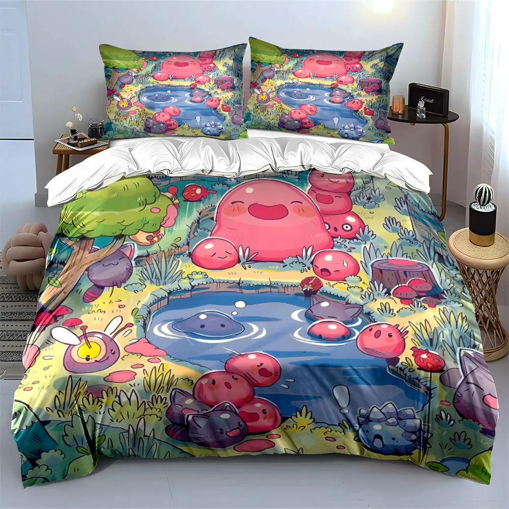 Cute Creatures Playing by Forest Pond Print Bedding Set 1 Duvet Cover 2 Pillowcases for Adult and Children Luxury Gift