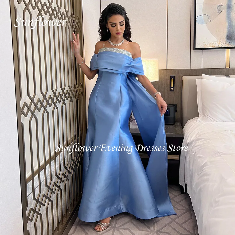 

Sunflower Blue Off the Shoulder Prom Gown Mermaid Evening Dress Saudi Arabia Slim Satin Party Dress 2023 Floor-Length Prom Dress