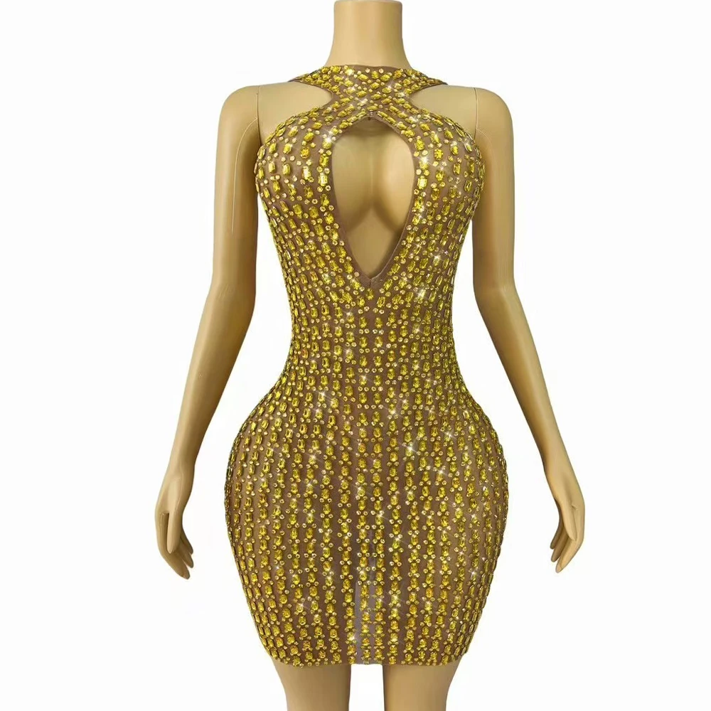 

Sexy Luxury Elegant Gold Gown Sparkly Rhinestones Hollow Out Package Hip Dress Women Evening Party Perform Host Photoshoot Dress