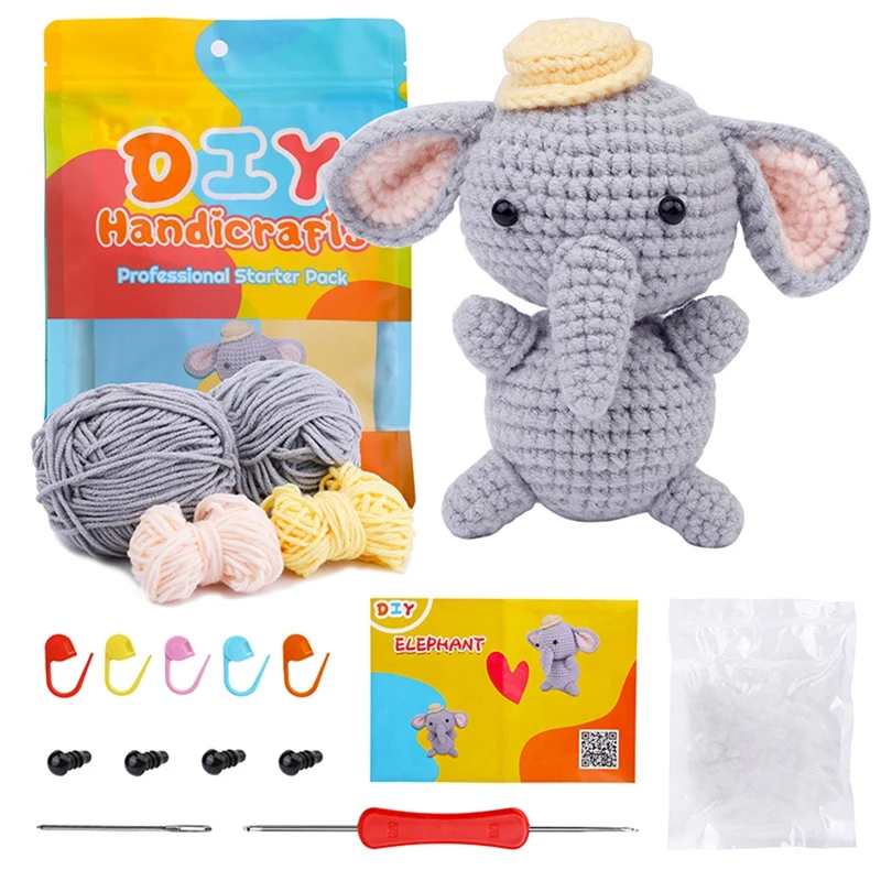 Kit de crochê de elefante diy com agulhas de fio de tricô boneca de pelúcia fácil durável fácil instalação fácil de usar