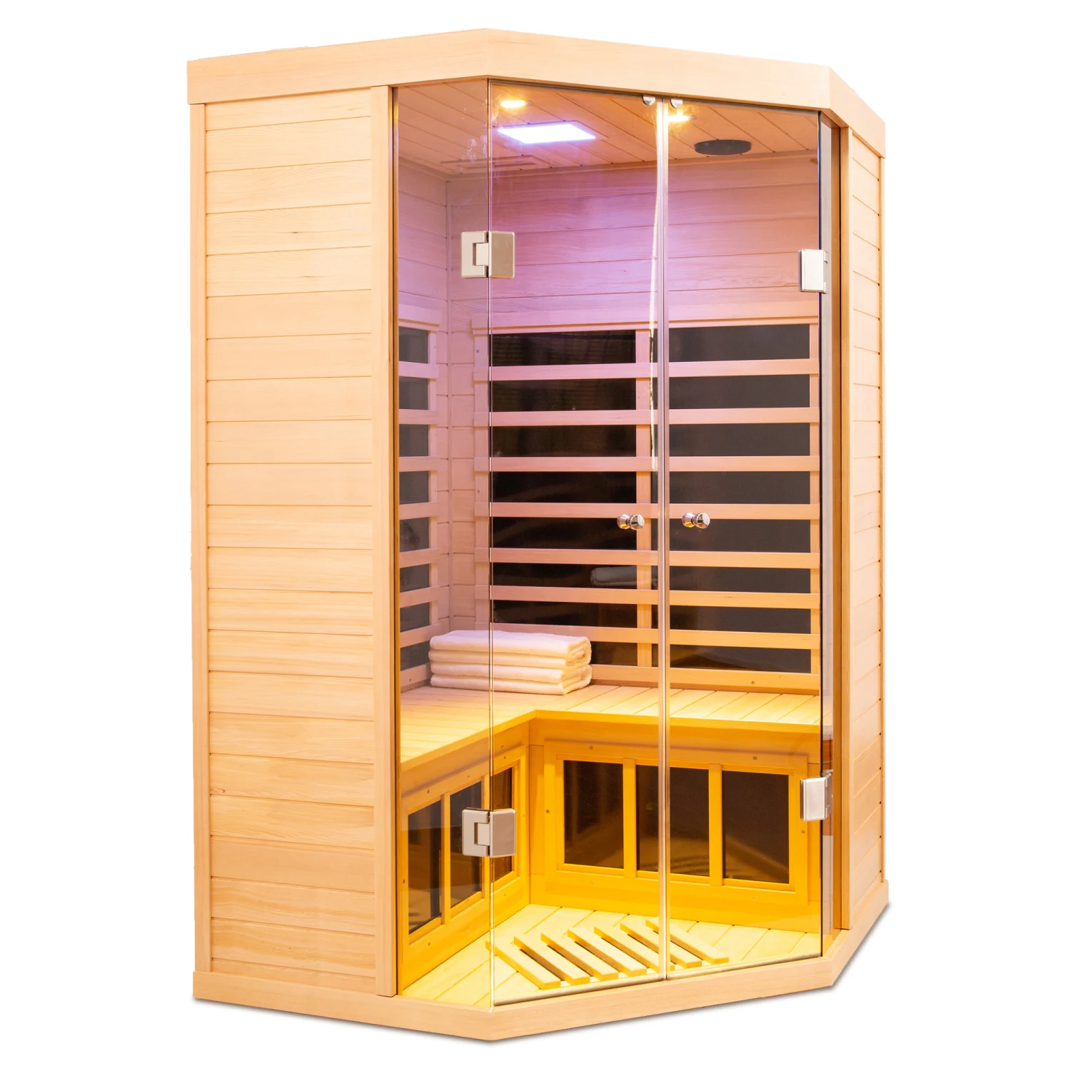 

Hemlock Far Infrared Corner Sauna Room - Deluxe Transparent Version
