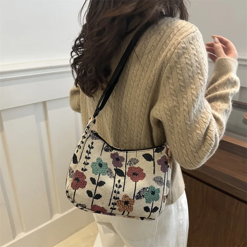Vintage Floral Canvas Crossbody Hobo Bag Adjustable Strap Shoulder Purse Women Daily Shopping Travel Casual Handbags Purses