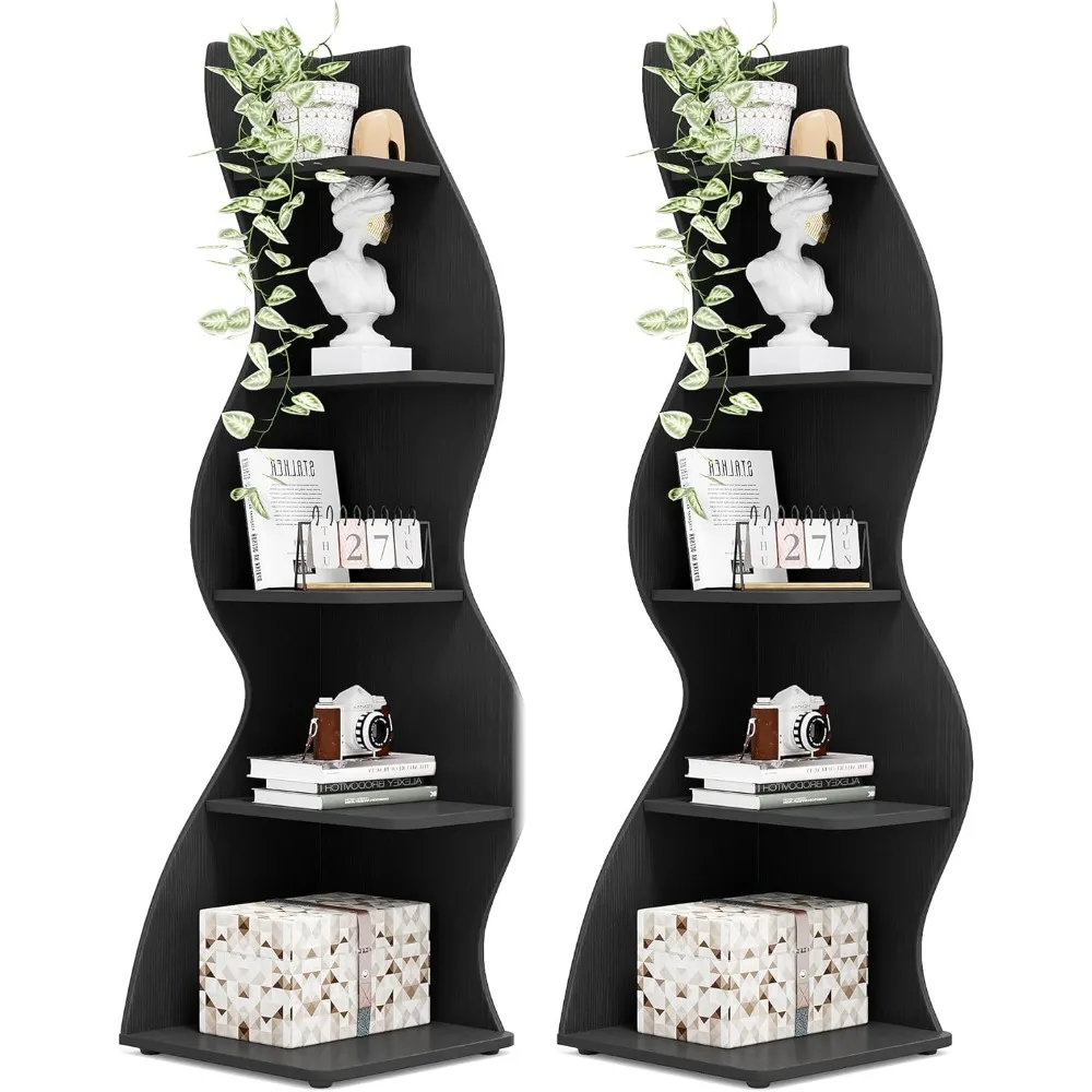 Modern five-layer corner bookshelf, fashion corner small bookcase, unique shape storage shelf plant shelf (2PCS, black)