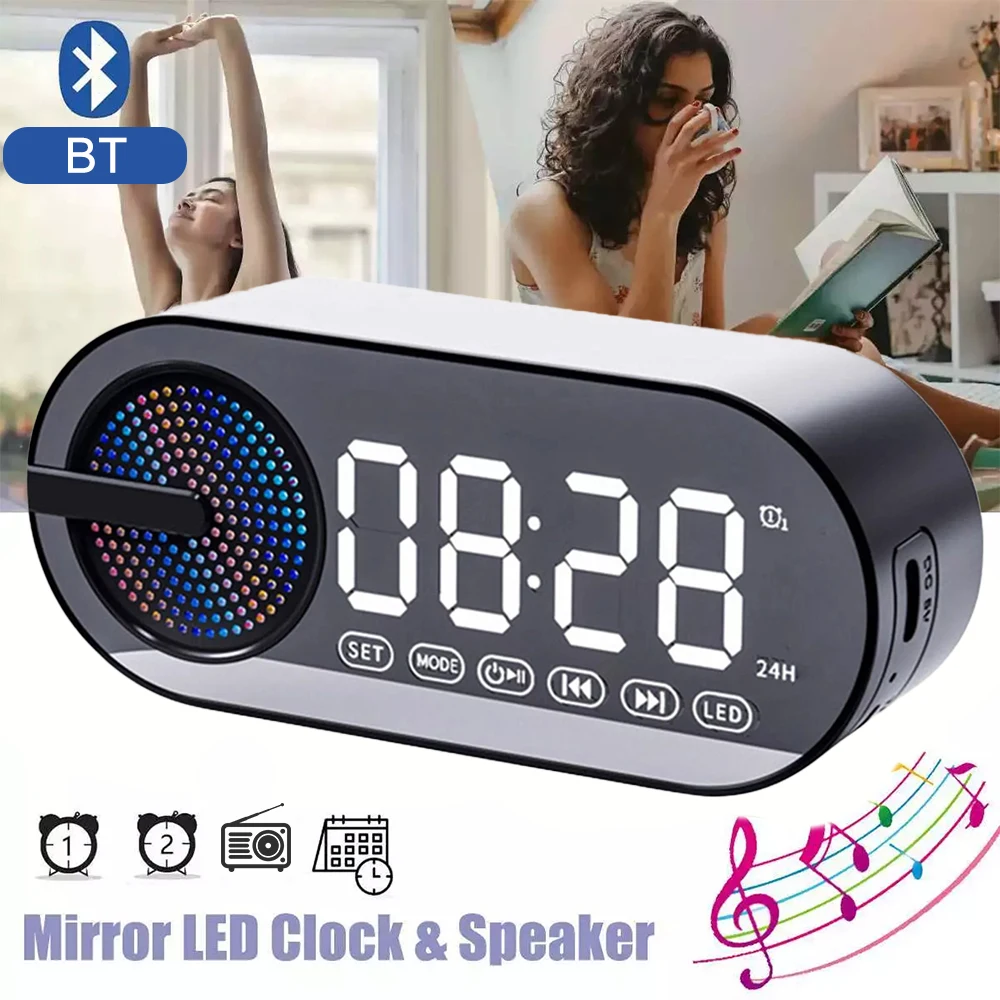 

Wireless Music Player Alarm Clock Bluetooth LED Mirror Display Digital Clock with RGB Atmosphere Light Stereo FM Radio Player