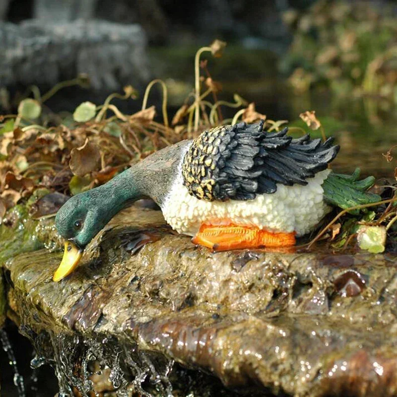 Garden Fish Tank Simulation Animal Drinking Water Duck Ornaments Pond Pool Rockery Decoration Outdoor Yard Resin Sculpture Decor