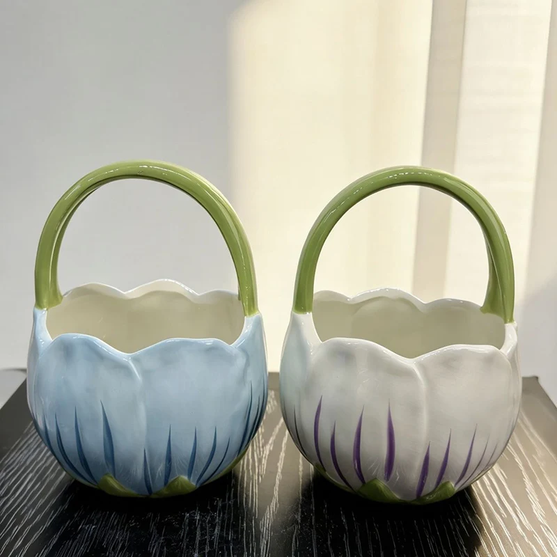 Ceramic Handbag Flower Basket with Lotus Decor Underglaze Vase for Table Storage Home Decoration