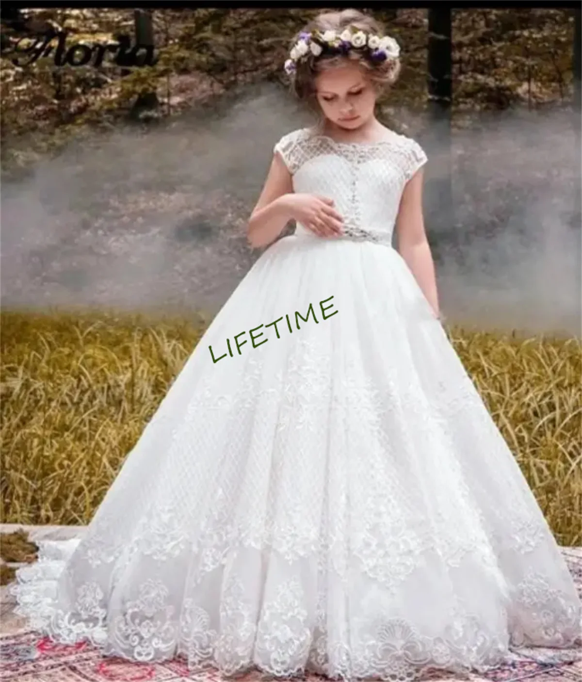 Vestido rosa claro de flores para niña con lazo, tul hinchado, satén rosa, cuello transparente, vestidos de princesa para bebé, vestido de primer cumpleaños