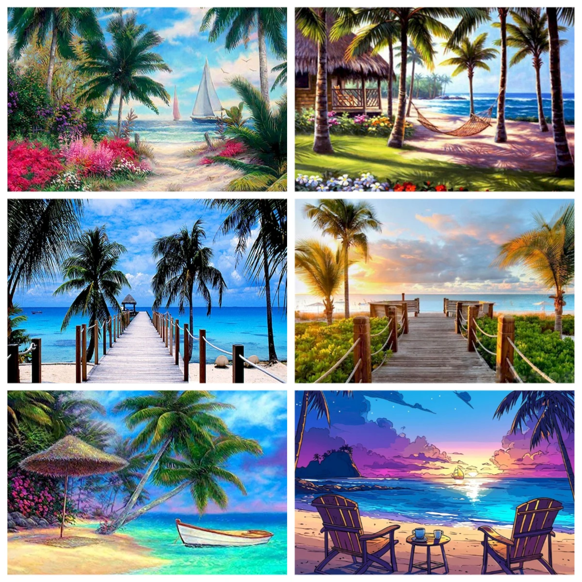 Painting By Numbers Framed Seaside Coconut trees Scenery Picture Number Home Wall Decor Artcraft Hand Painted